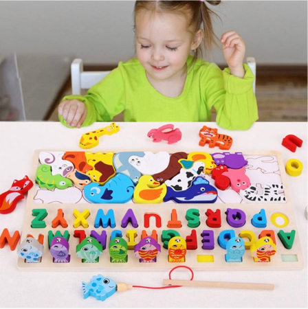 Jocuri si Jucarii - Joc Logarithmic Montessori 4 in 1, cu tetris cu Animale, joc de pescuit, litere, incastru, din lemn