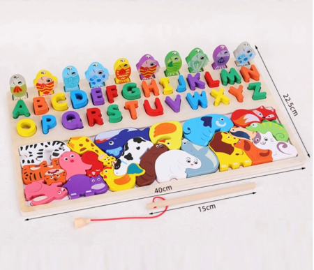 Joc Logarithmic Montessori 4 in 1, cu tetris cu Animale, joc de pescuit, litere, incastru, din lemn [3]