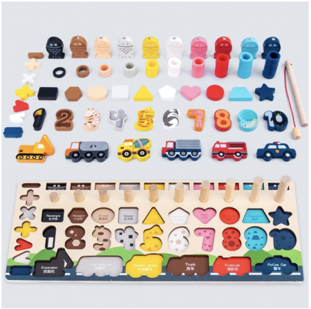 Jocuri si jucarii cu activitati educative multiple - Joc Logarithmic Montessori 7 in 1, cu cifre, forme si vehicule, din lemn