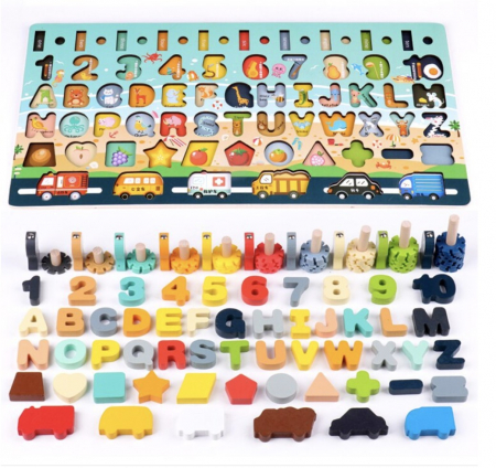 Jocuri si jucarii cu activitati educative multiple - Joc Logarithmic Montessori 8 in 1, cu cifre, litere forme si vehicule, din lemn