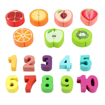 Joc logaritmic Montessori 5 in 1, din lemn cu fructe de taiat [6]
