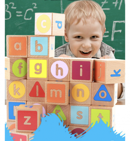 Joc Montessori 26 piese Cuburi cu Literele alfabetului, cuvinte, culori, animale, din lemn [4]