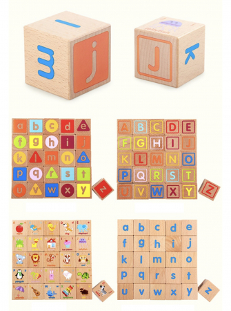 Joc Montessori 26 piese Cuburi cu Literele alfabetului, cuvinte, culori, animale, din lemn [7]