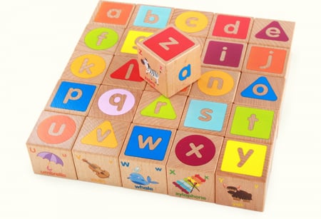 Joc Montessori 26 piese Cuburi cu Literele alfabetului, cuvinte, culori, animale, din lemn [0]