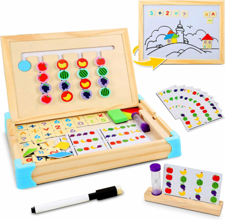 Joc Montessori 3 in 1, asociaza fructele, tabla de scris si tangram magnetice [0]