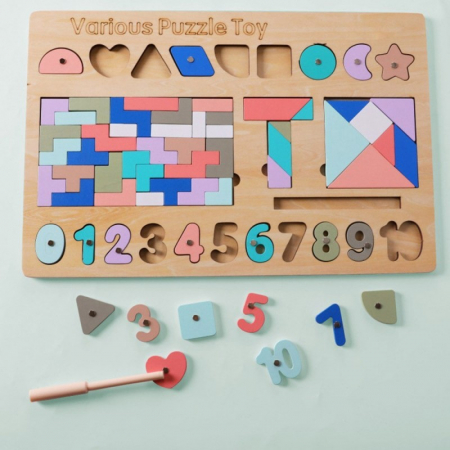Joc Montessori 5 in 1, cu tangram, tetris si piese magnetice, din lemn [10]