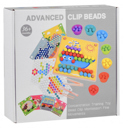 Joc Montessori Advanced Clip Beads, de indemanare si asociere culori cu bilute, din lemn [12]