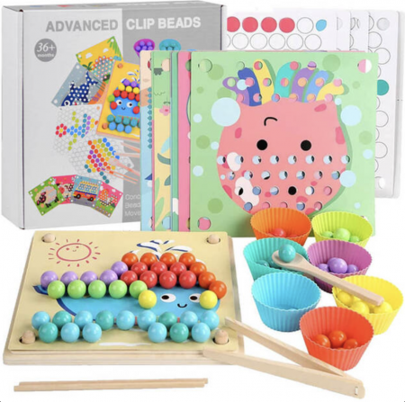 Joc Montessori Advanced Clip Beads, de indemanare si asociere culori cu bilute, din lemn [8]