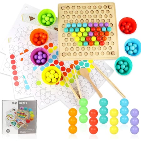 Jocuri si Jucarii - Joc Montessori de Indemanare si Asociere Culori, Bead Holder, din Lemn