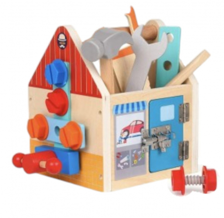 Jucarii de sortat si motricitate fina - Joc Montessori Casuta cu suruburi si 25 accesorii pentru motricitate fina, din lemn