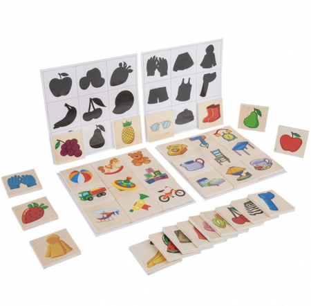 Jucarii din LEMN - de tip Montessori - Joc Montessori de asociere imagini, Umbre, 36 piese din lemn