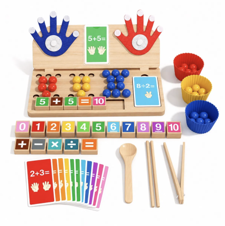 Jucarii din LEMN - de tip Montessori - Joc Montessori din lemn 4 in 1 matematica, numarat pe degete, sortare culori si motricitate, +3 ani