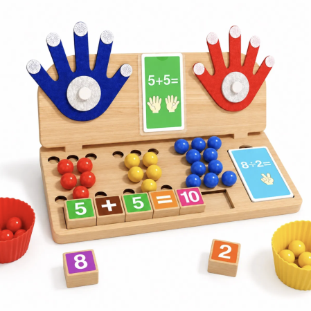 Jucarii din LEMN - de tip Montessori - Joc Montessori din lemn 4 in 1 matematica, numarat pe degete, sortare culori si motricitate, +3 ani