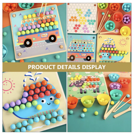 Jucarii de sortat si motricitate fina - Joc Montessori Advanced Clip Beads, de indemanare si asociere culori cu bilute, din lemn