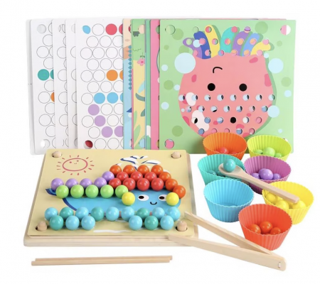 Jucarii de sortat si motricitate fina - Joc Montessori Advanced Clip Beads, de indemanare si asociere culori cu bilute, din lemn