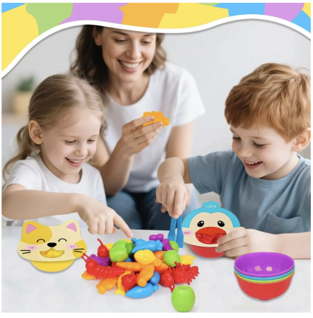 Joc Montessori de sortare culori cu piese silicon Hrana animalelor, 50 piese, 3 ani+ [8]