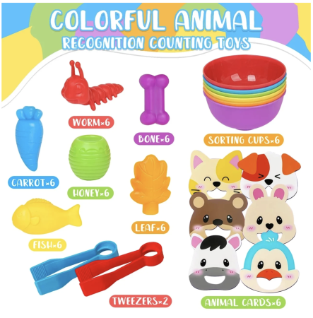 Joc Montessori de sortare culori cu piese silicon Hrana animalelor, 50 piese, 3 ani+ [2]