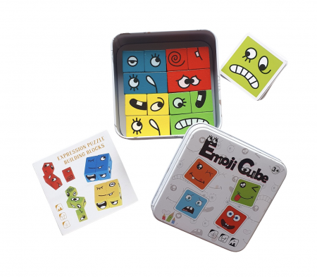 Jocuri si Jucarii - Joc Montessori Expresii faciale Emoji Cube in cutie metalica, 12 piese, din lemn