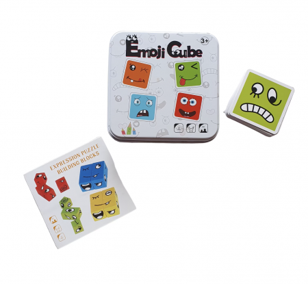 Jocuri si Jucarii - Joc Montessori Expresii faciale Emoji Cube in cutie metalica, 12 piese, din lemn