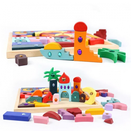 Jucarii de stivuit si construit - Joc Montessori Fairy Jumbo Rainbow, din lemn cu pietricele