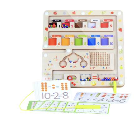 Jocuri si Jucarii - Joc Montessori Labirintul magnetic cu bile colorate si operatiuni matematice, din lemn