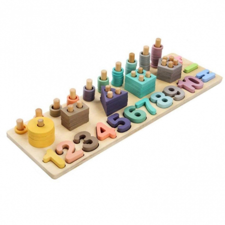 Jocuri si jucarii cu activitati educative multiple - Joc Montessori Logarithm 4 in 1, aritmetica cu cifre si coloane sortoatoare de forme,din lemn