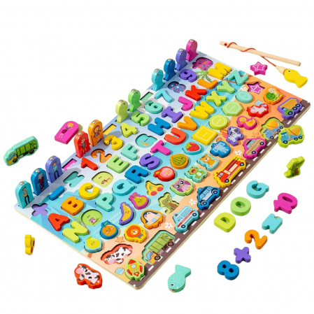Jocuri si Jucarii - Joc Montessori Logarithm 8 in 1, cu litere, cifre, masini, animale, fructe de pescuit, din lemn