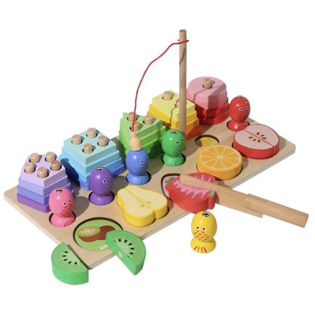 Jocuri si Jucarii - Joc Montessori multifunctional de pescuit, coloane sortatoare si fructe de feliat