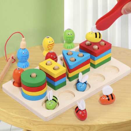 Jocuri si Jucarii - Joc Montessori multifunctional de pescuit, coloane sortatoare si albinutele