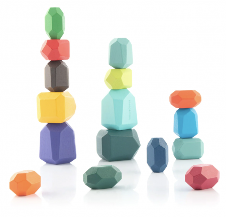 Jucarii de stivuit si construit - Joc Montessori Pietre colorate cu fatete pentru construit, din lemn, 16 piese