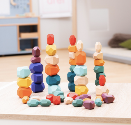 Jucarii de stivuit si construit - Joc Montessori Pietre colorate cu fatete pentru construit, din lemn, 36 piese