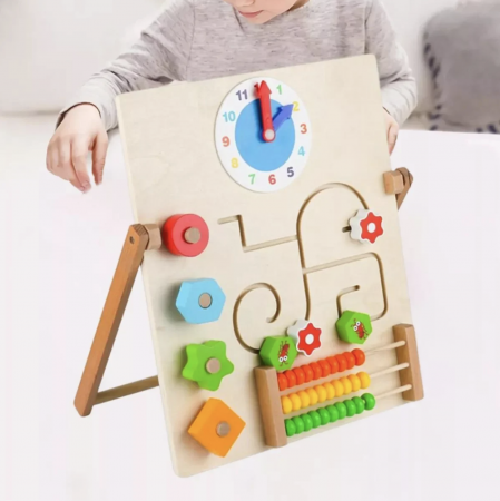 Joc Montessori Placa Busy Board cu 4 Activitati, cu Abac, din lemn [3]