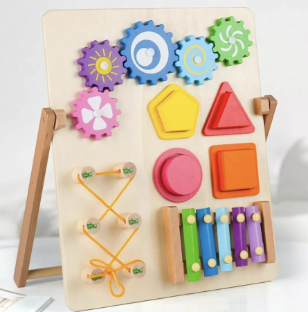 Joc Montessori Placa Busy Board cu 4 Activitati, cu Xilofon, din lemn [2]