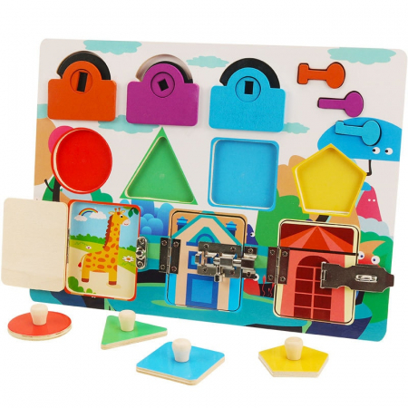 Joc Montessori Placa cu 5 activitati Tine-l Ocupat si Invata-l, din lemn [0]