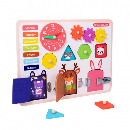 Jocuri si jucarii cu activitati educative multiple - Joc Montessori Placa cu 6 activitati Tine-l Ocupat si Invata-l, din lemn