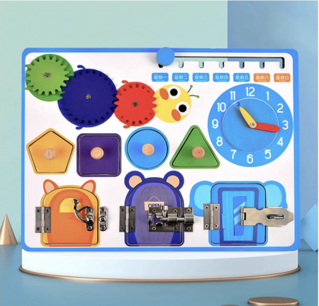 Joc Montessori Placa cu 6 activitati Tine-l Ocupat si Invata-l, din lemn, albastru [4]