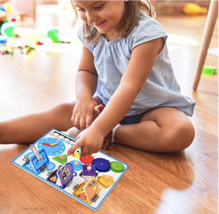 Jocuri si jucarii cu activitati educative multiple - Joc Montessori Placa cu 6 activitati Tine-l Ocupat si Invata-l, din lemn, albastru