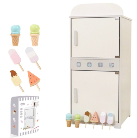 Jucarii de tras si de impins - Frigider si congelator, cu accesorii, din lemn, alb-crem