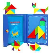 Jocuri de logica si memorie, din lemn - Joc Montessori, Tangram Magnetic, albastru