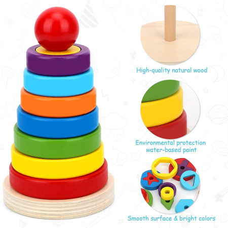 Joc Montessori turnul curcubeu rotund, 15 piese, din lemn [1]