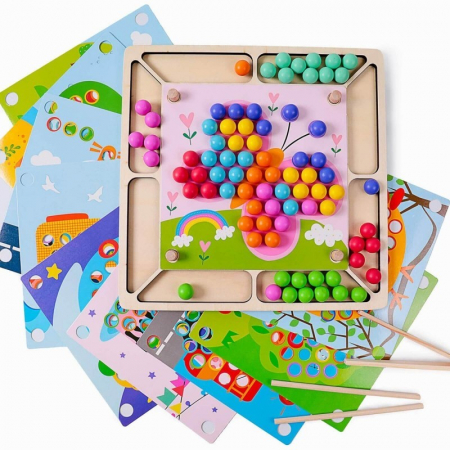Jucarii de sortat si motricitate fina - Joc mozaic cu 80 bile si 9 planse, Butterfly, din lemn
