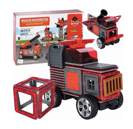 Seturi de constructie - Joc STEM de constructie Magic Magnetic, Rescue Statia de pompieri, 50 piese magnetice