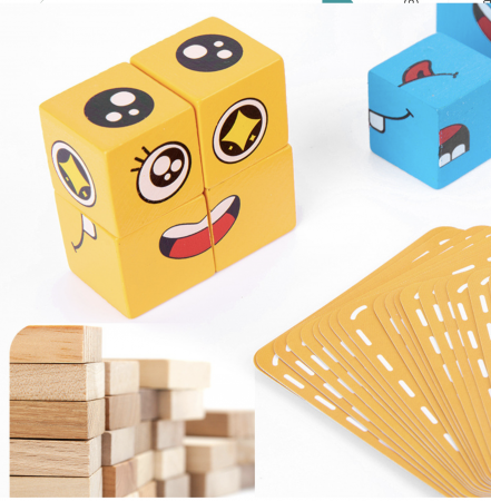 Jucarii din LEMN - de tip Montessori - Jocul emotiilor prin cuburi puzzle Expresii Faciale, din lemn