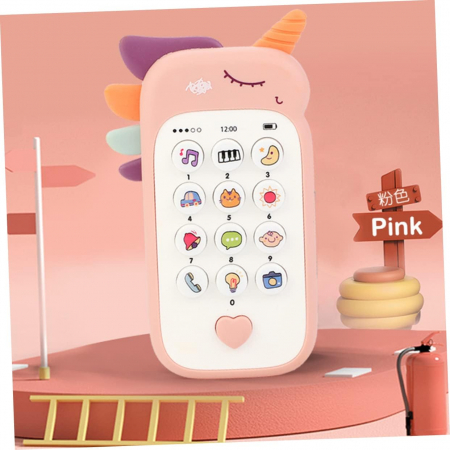 Jucarii interactive bebe - Jucarie 2 in 1 telefon cu jucarie de dentitie, unicorn roz