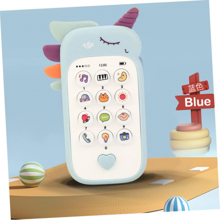 Jucarii interactive bebe - Jucarie 2 in 1 telefon cu jucarie de dentitie, unicorn bleu
