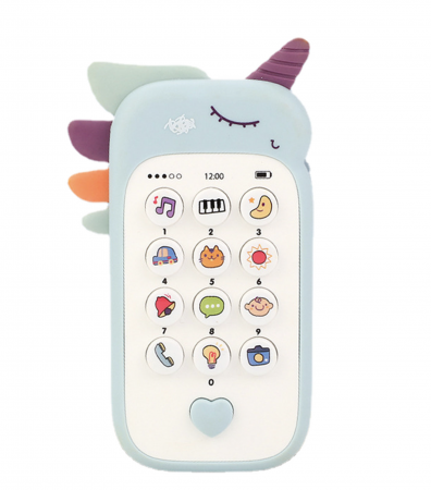 Jucarii interactive bebe - Jucarie 2 in 1 telefon cu jucarie de dentitie, unicorn bleu