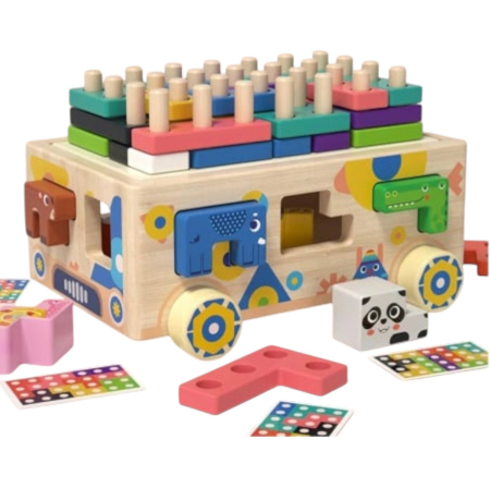 Jucarie camion cu sortator forme geometrice si animalute, Geometry Car, din lemn [7]