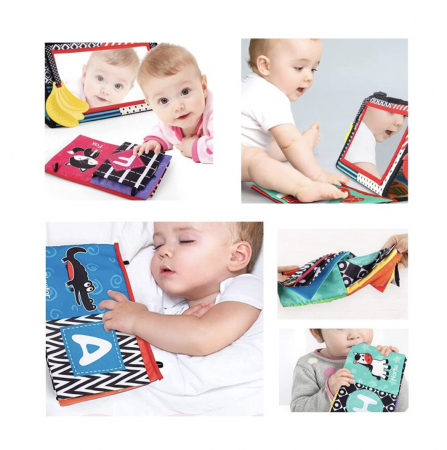 Jucarie carte Montessori bebelusi, cu oglinda, pagini fosnitoare si doua jucarii gingivale [11]