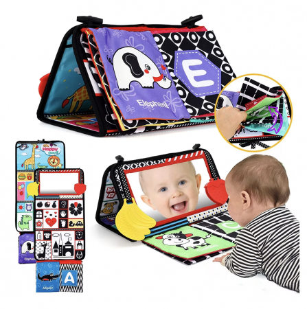 Jucarie carte Montessori bebelusi, cu oglinda, pagini fosnitoare si doua jucarii gingivale [10]
