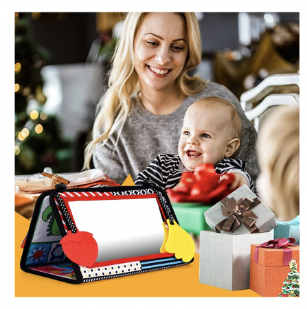 Jucarie carte Montessori bebelusi, cu oglinda, pagini fosnitoare si doua jucarii gingivale [5]